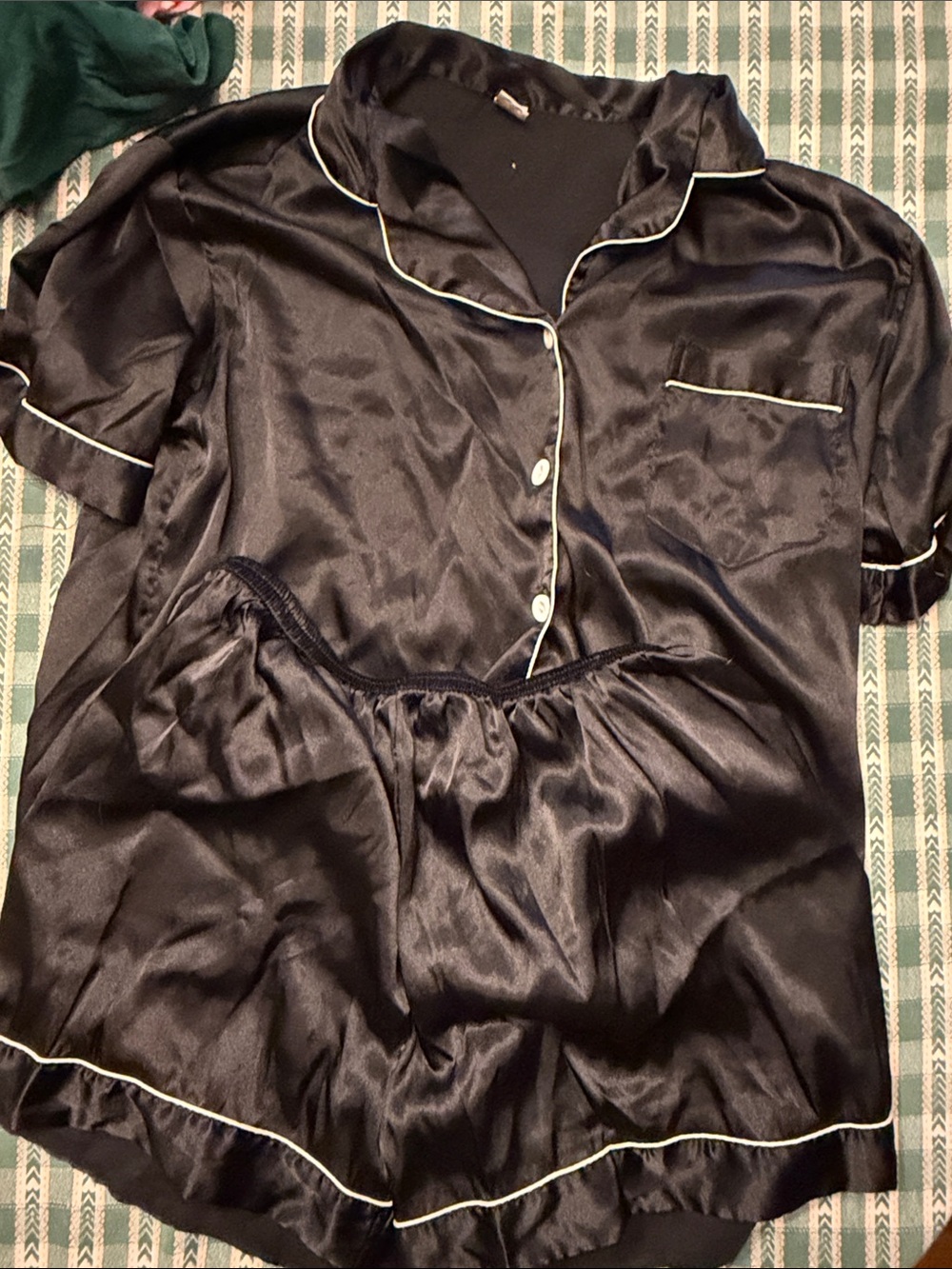 Amazon Black Satin Short Pajama Set with Cream Piping